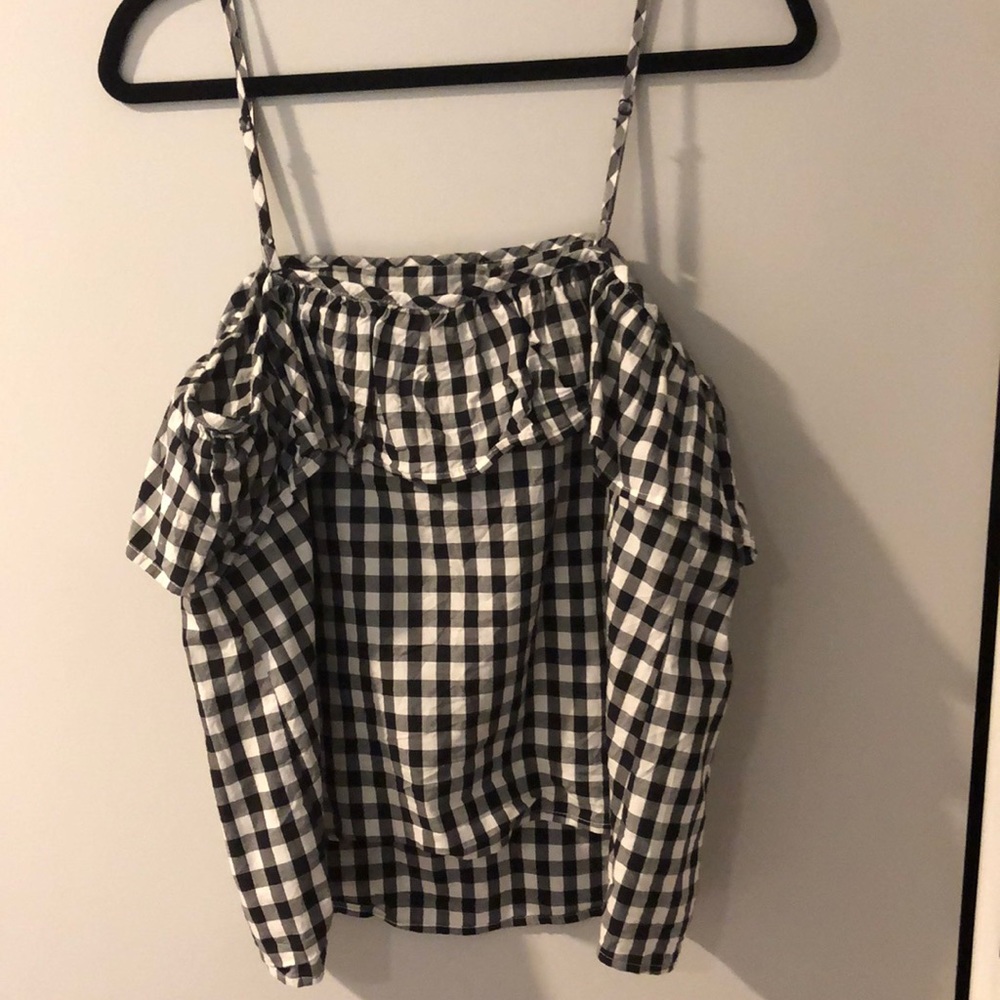 off the shoulder checkered top with straps